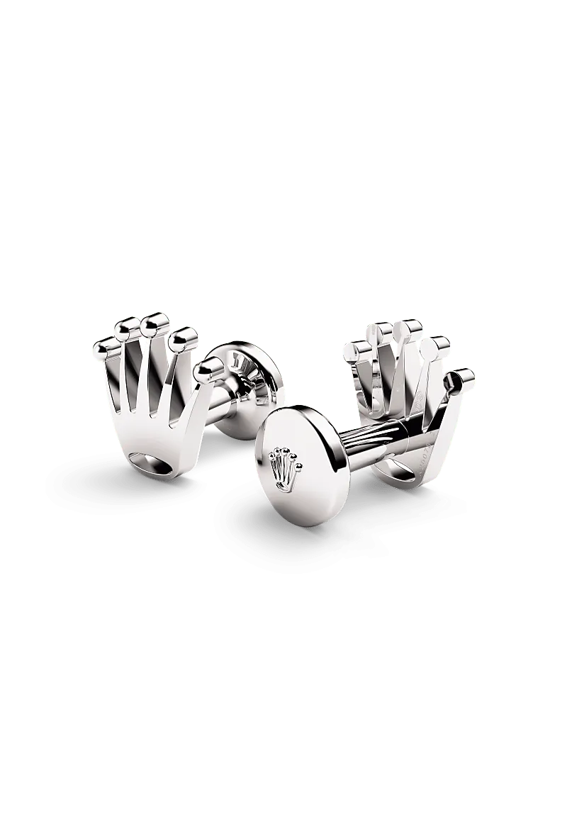 Rolex ‘Crown’ cufflinks in 18 kt white gold with a  dial,  bezel, and  bracelet.