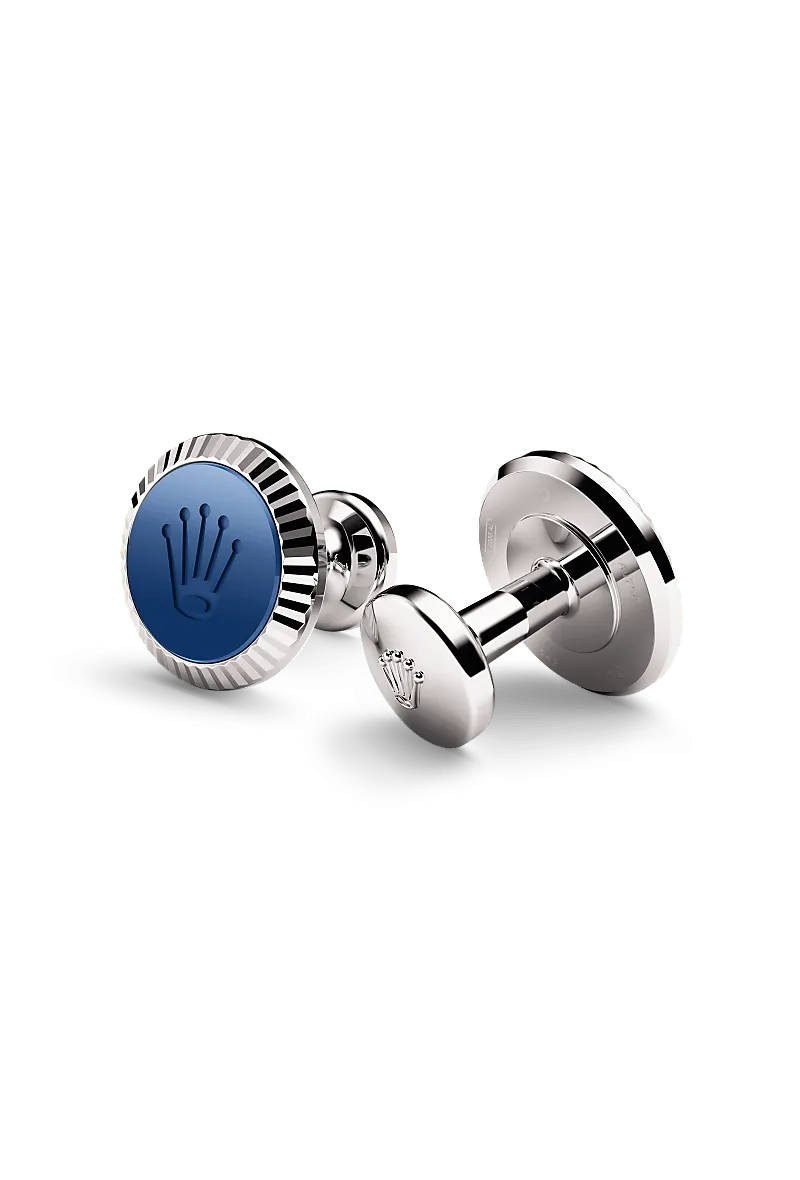 Rolex ‘Fluted’ cufflinks in 18 kt white gold with a  dial,  bezel, and  bracelet.