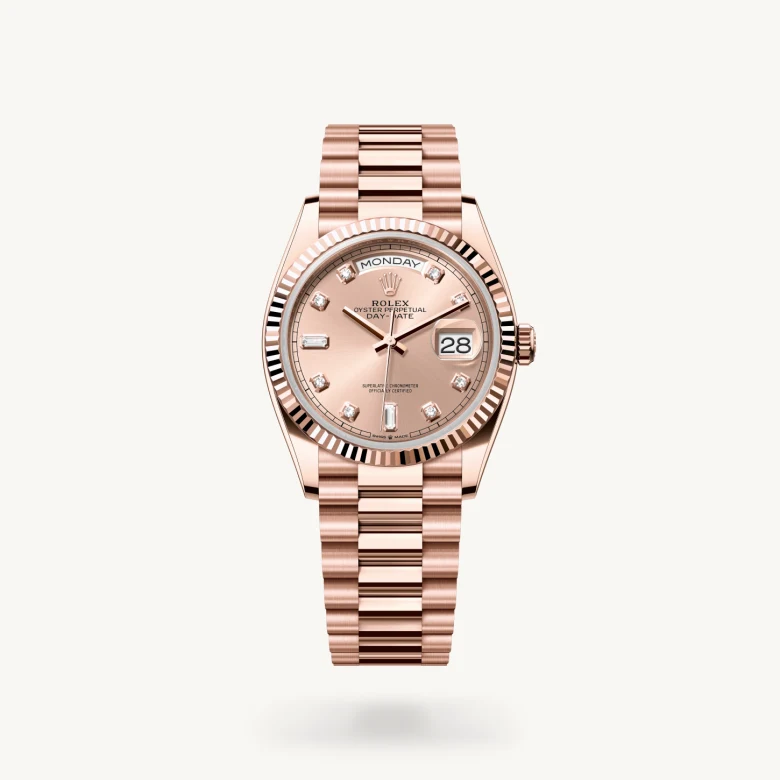Rolex Day-Date 36 in 18 ct Everose gold, M128235-0009 - Kirk Freeport