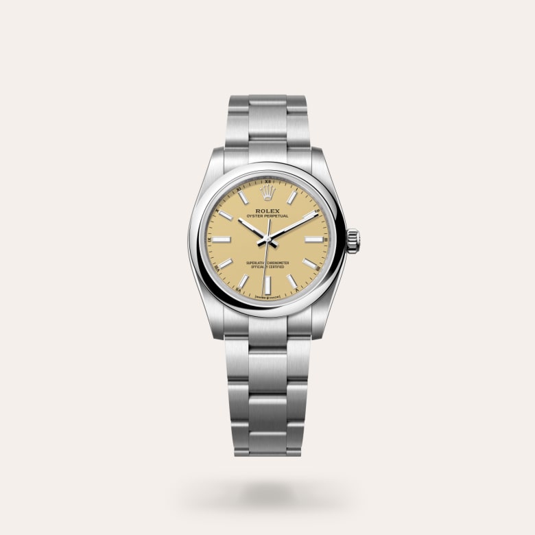 Rolex Oyster Perpetual 34 [M124200-0007] in oystersteel with a beige dial, domed bezel, and oystersteel bracelet.