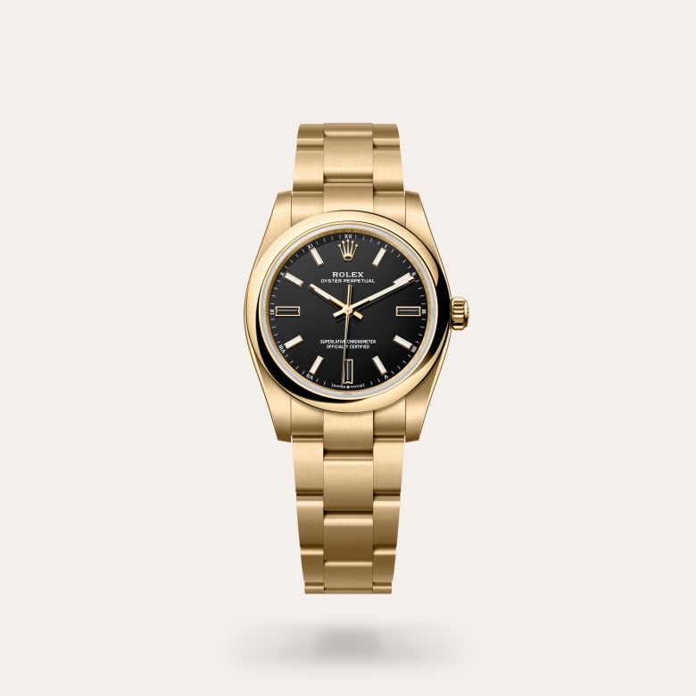 Rolex Oyster Perpetual 34 [M124208-0001] in 18 ct yellow gold with a black dial, domed bezel, and 18 ct yellow gold bracelet.