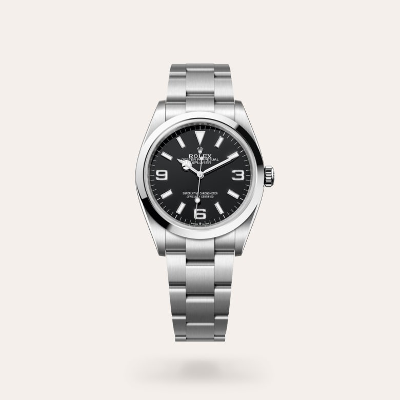 Rolex Explorer 36 [M124270-0001] in oystersteel with a black dial, smooth bezel, and oystersteel bracelet.