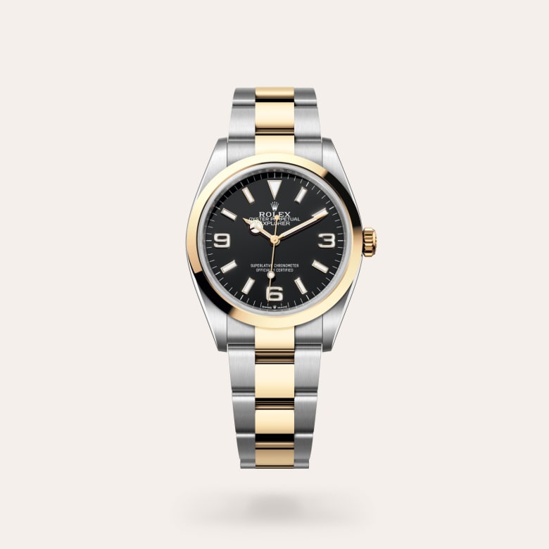 Rolex Explorer 36 [M124273-0001] in yellow rolesor - combination of oystersteel and yellow gold with a black dial, smooth bezel, and yellow rolesor - combination of oystersteel and yellow gold bracelet.