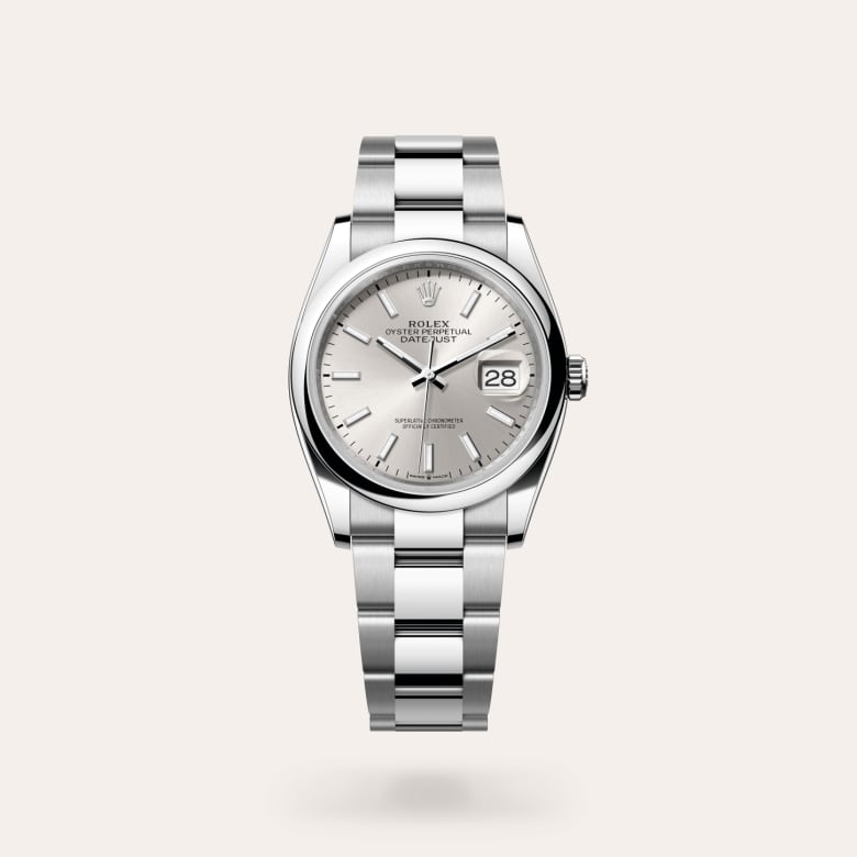 Rolex Datejust 36 [M126200-0002] in oystersteel with a silver dial, domed bezel, and oystersteel bracelet.