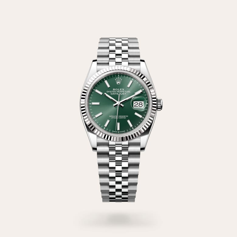 Rolex Datejust 36 [M126234-0051] in white rolesor - combination of oystersteel and white gold with a mint green dial, fluted bezel, and oystersteel bracelet.