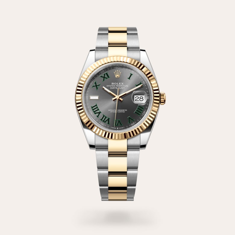 Rolex Datejust 41 [M126333-0019] in yellow rolesor - combination of oystersteel and yellow gold with a slate dial, fluted bezel, and yellow rolesor - combination of oystersteel and yellow gold bracelet.