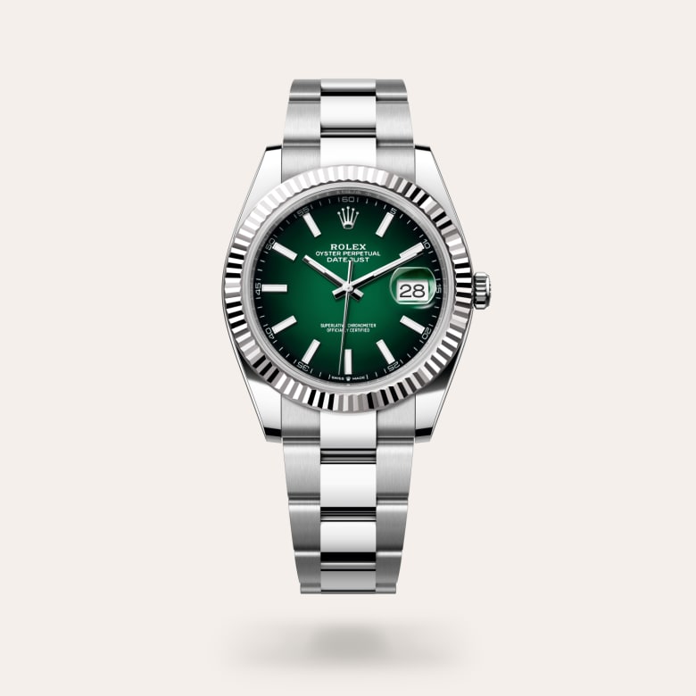 Rolex Datejust 41 [M126334-0033] in white rolesor - combination of oystersteel and white gold with a green ombré dial, fluted bezel, and oystersteel bracelet.