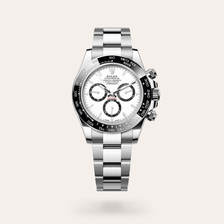 Rolex Cosmograph Daytona [M126500LN-0001] in oystersteel with a white, black counter rings dial, black monobloc cerachrom bezel in ceramic with moulded tachymetric scale bezel, and oystersteel bracelet.