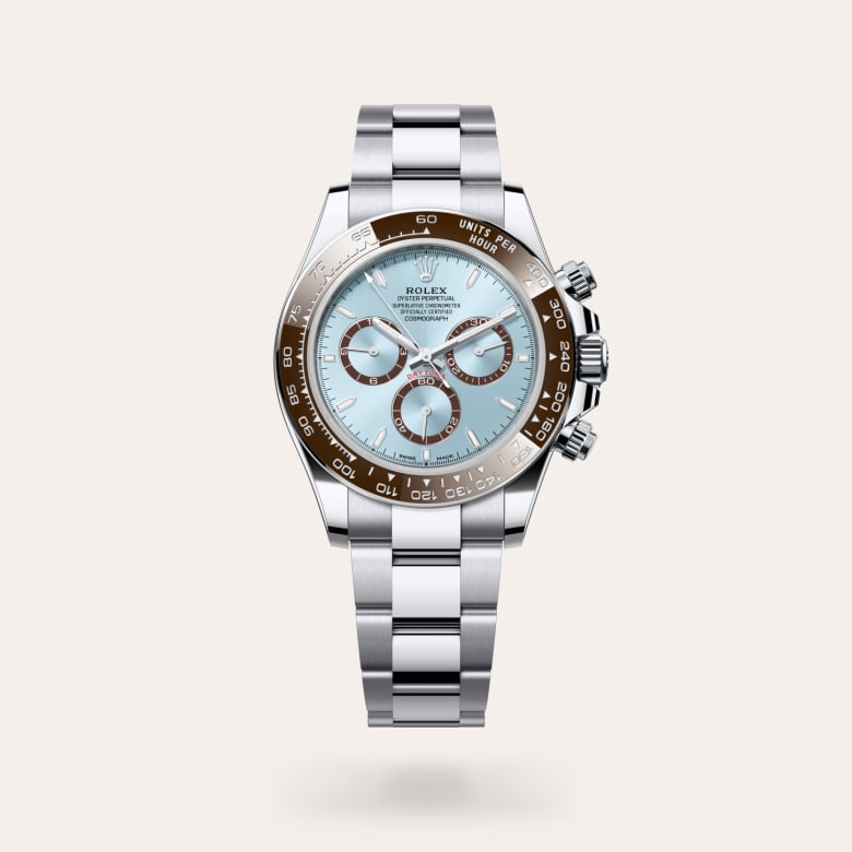 Rolex Cosmograph Daytona [M126506-0001] in platinum with a ice blue, chestnut brown counter rings dial, chestnut brown monobloc cerachrom bezel in ceramic with moulded numerals and graduations bezel, and platinum bracelet.