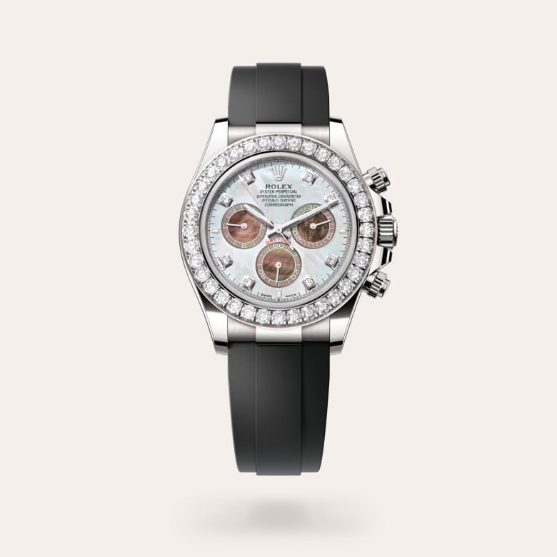 Rolex Cosmograph Daytona [M126589RBR-0001] in 18 ct white gold with a white and black mother-of-pearl set with diamonds dial, set with diamonds bezel, and flexible metal blades overmoulded with high-performance elastomer bracelet.