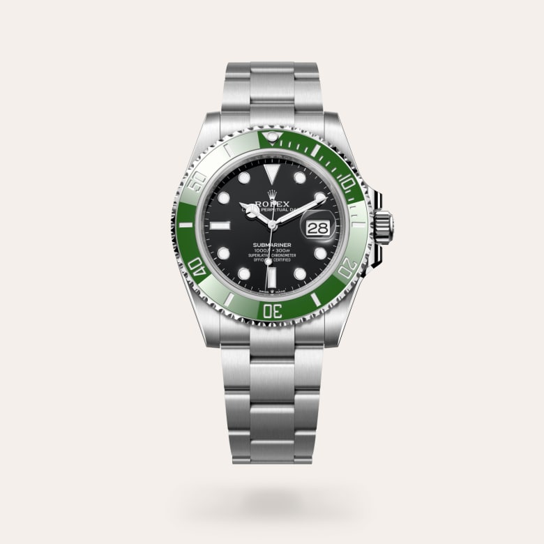 Rolex Submariner Date [M126610LV-0002] in oystersteel with a black dial, unidirectional rotatable 60-minute graduated, scratch-resistant cerachrom insert in green ceramic, numerals and graduations coated in platinum bezel, and oystersteel bracelet.