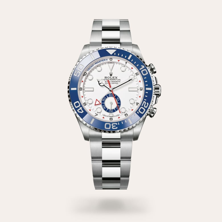 Rolex Yacht-Master II [M126680-0001] in oystersteel with a white dial, bidirectional rotatable 60-minute graduated bezel with blue cerachrom insert in ceramic. moulded, recessed graduations and numerals coated with platinum bezel, and oystersteel bracelet.
