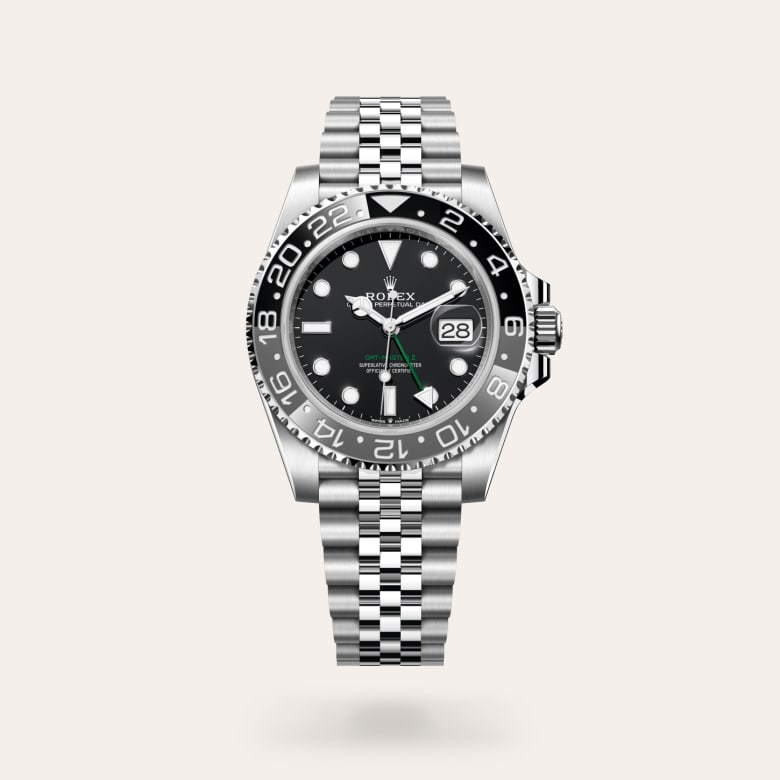 Rolex GMT-Master II [M126710GRNR-0003] in oystersteel with a black dial, bidirectional rotatable 24-hour graduated bezel. two-colour grey and black cerachrom insert in ceramic, moulded numerals and graduations bezel, and oystersteel bracelet.