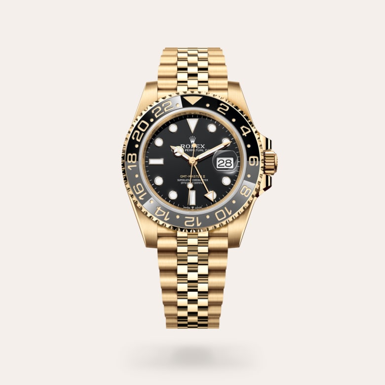 Rolex GMT-Master II [M126718GRNR-0001] in 18 ct yellow gold with a black dial, bidirectional rotatable 24-hour graduated bezel. two-colour grey and black cerachrom insert in ceramic, moulded numerals and graduations bezel, and 18 ct yellow gold bracelet.