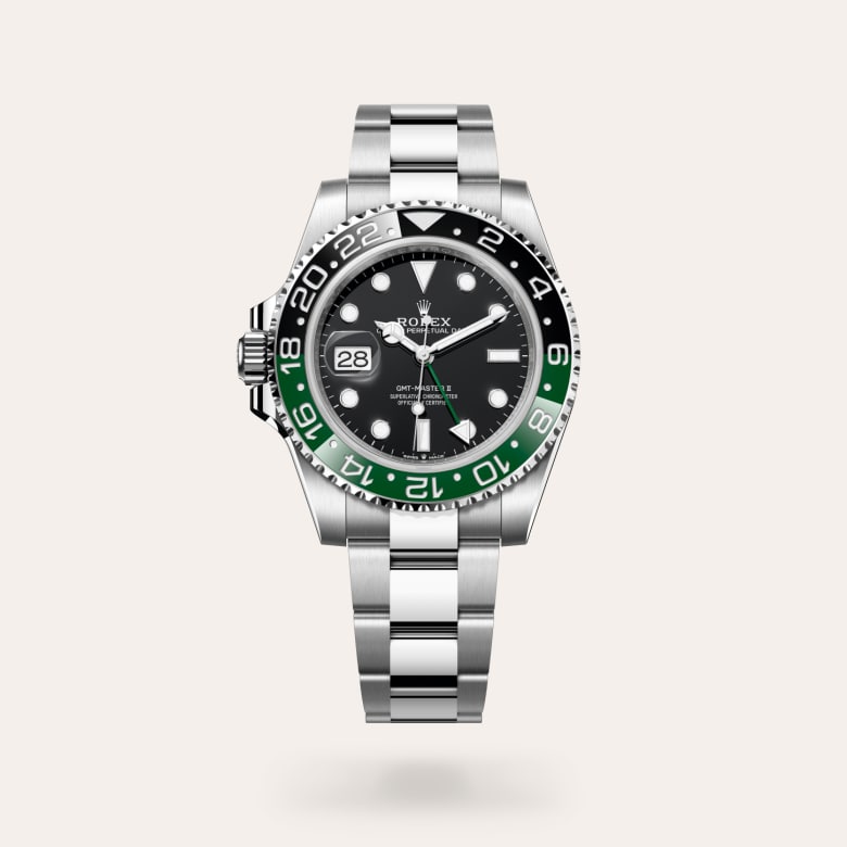 Rolex GMT-Master II [M126720VTNR-0001] in oystersteel with a black dial, bidirectional rotatable 24-hour graduated bezel. two-colour green and black cerachrom insert in ceramic, moulded numerals and graduations bezel, and oystersteel bracelet.