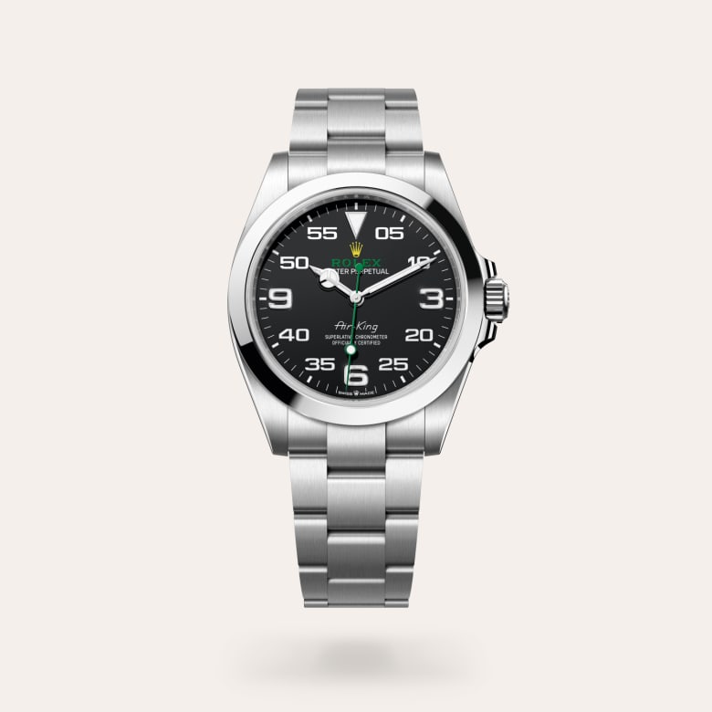 Rolex Air-King [M126900-0001] in oystersteel with a black dial, smooth bezel, and oystersteel bracelet.