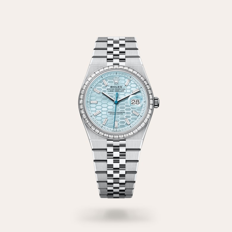 Rolex Land-Dweller 36 [M127286TBR-0001] in platinum with a ice blue, honeycomb motif set with diamonds dial, set with diamonds bezel, and platinum bracelet.