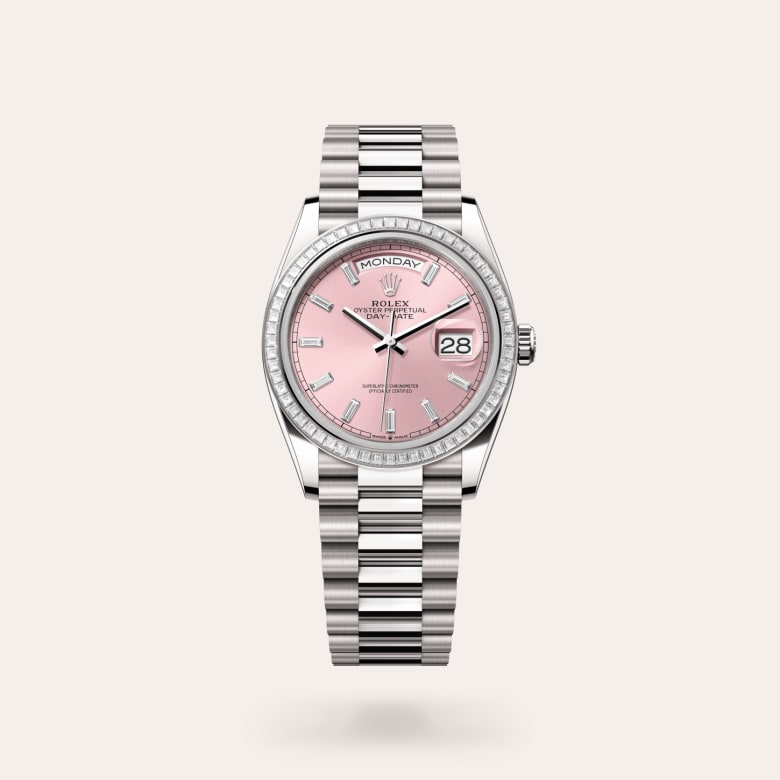 Rolex Day-Date 36 [M128399TBR-0029] in 18 ct white gold with a pink set with diamonds dial, set with diamonds bezel, and 18 ct white gold bracelet.