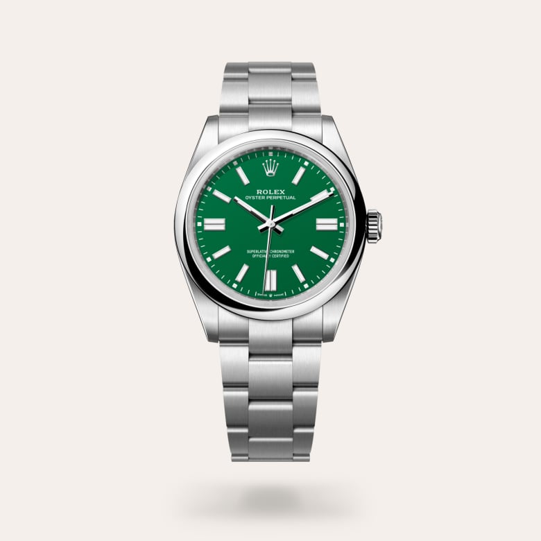 Rolex Oyster Perpetual 41 [M134300-0004] in oystersteel with a green dial, domed bezel, and oystersteel bracelet.