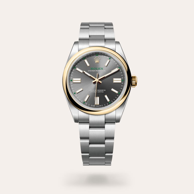 Rolex Oyster Perpetual 41 [M134303-0001] in yellow rolesor - combination of oystersteel and yellow gold with a slate dial, domed bezel, and oystersteel bracelet.