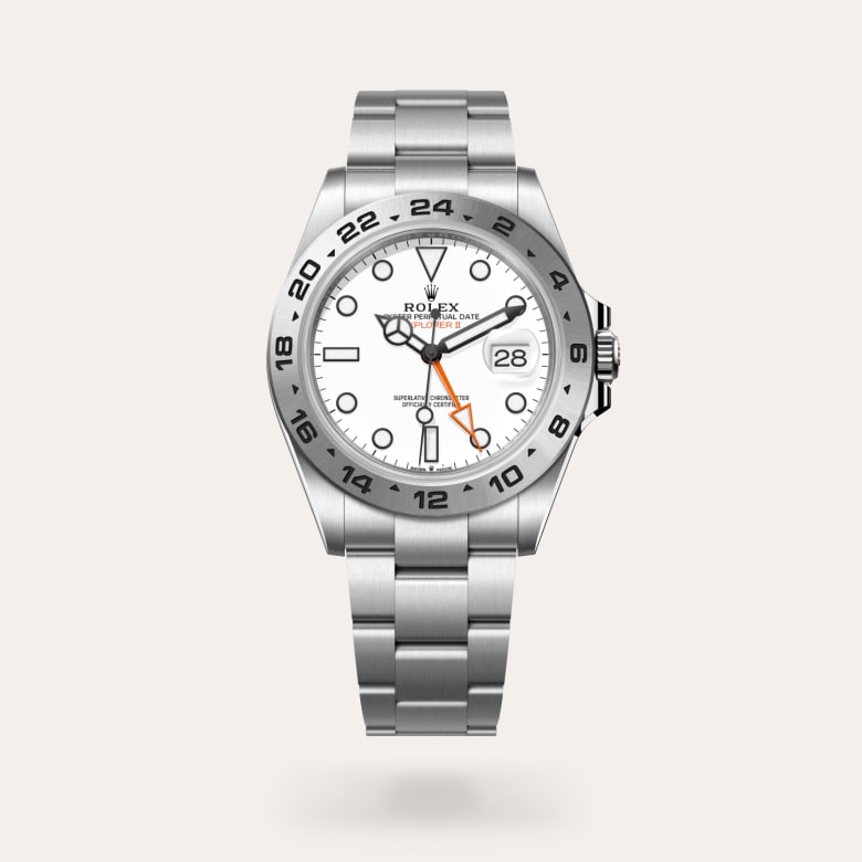 Rolex Explorer II [M226570-0001] in oystersteel with a white dial, fixed, 24-hour graduated bezel, and oystersteel bracelet.