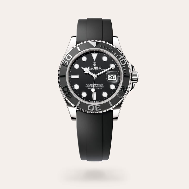 Rolex Yacht-Master 42 [M226659-0002] in 18 ct white gold with a black dial, bidirectional rotatable 60-minute graduated bezel with matt black cerachrom insert in ceramic, polished raised numerals and graduations bezel, and flexible metal blades overmoulded with high-performance elastomer bracelet.
