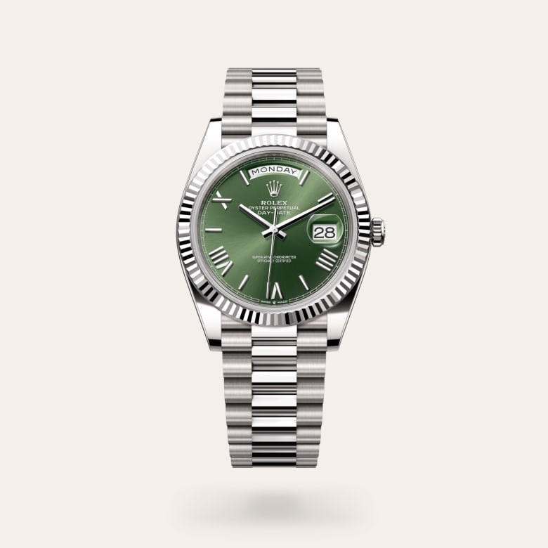 Rolex Day-Date 40 [M228239-0033] in 18 ct white gold with a olive green dial, fluted bezel, and 18 ct white gold bracelet.