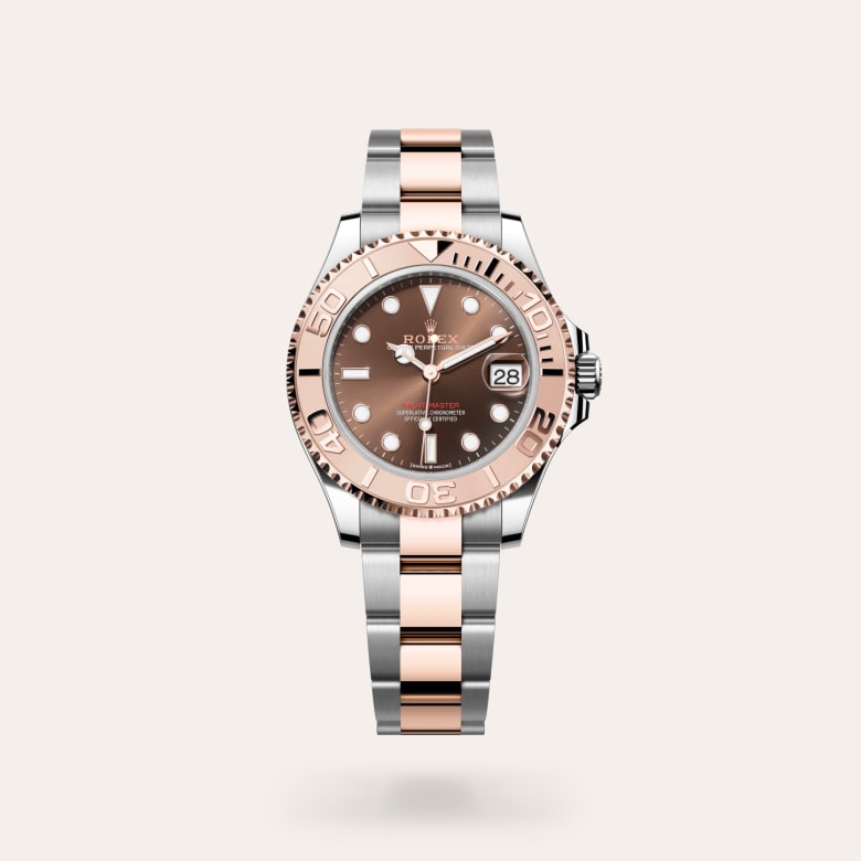 Rolex Yacht-Master 37 [M268621-0003] in everose rolesor - combination of oystersteel and everose gold with a chocolate dial, everose gold bidirectional rotatable 60-minute graduated with raised numerals bezel, and everose rolesor - combination of oystersteel and everose gold bracelet.