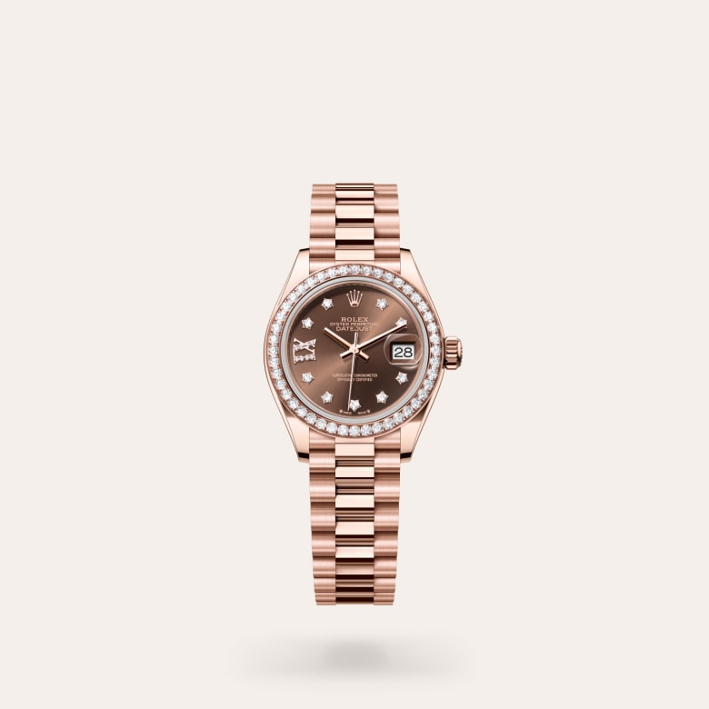 Rolex Lady-Datejust [M279135RBR-0001] in 18 ct everose gold with a chocolate set with diamonds dial, diamond-set bezel, and 18 ct everose gold bracelet.