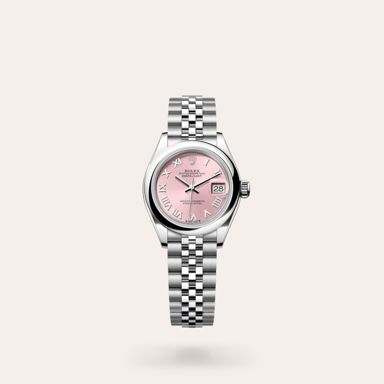 Rolex Lady-Datejust [M279160-0013] in oystersteel with a pink dial, domed bezel, and oystersteel bracelet.