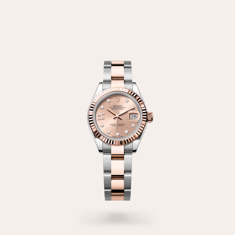 Rolex Lady-Datejust [M279171-0028] in everose rolesor - combination of oystersteel and everose gold with a rosé-colour set with diamonds dial, fluted bezel, and everose rolesor - combination of oystersteel and everose gold bracelet.