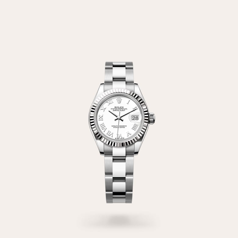 Rolex Lady-Datejust [M279174-0020] in white rolesor - combination of oystersteel and white gold with a white dial, fluted bezel, and oystersteel bracelet.