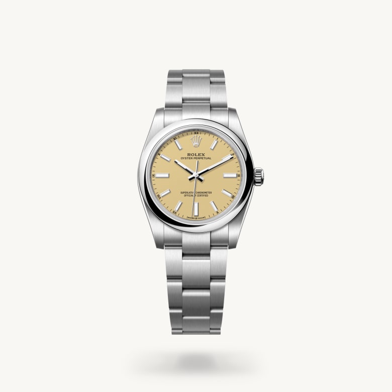 Rolex Oyster Perpetual 34 [M124200-0007] in oystersteel with a beige dial, domed bezel, and oystersteel bracelet - Kirk Freeport