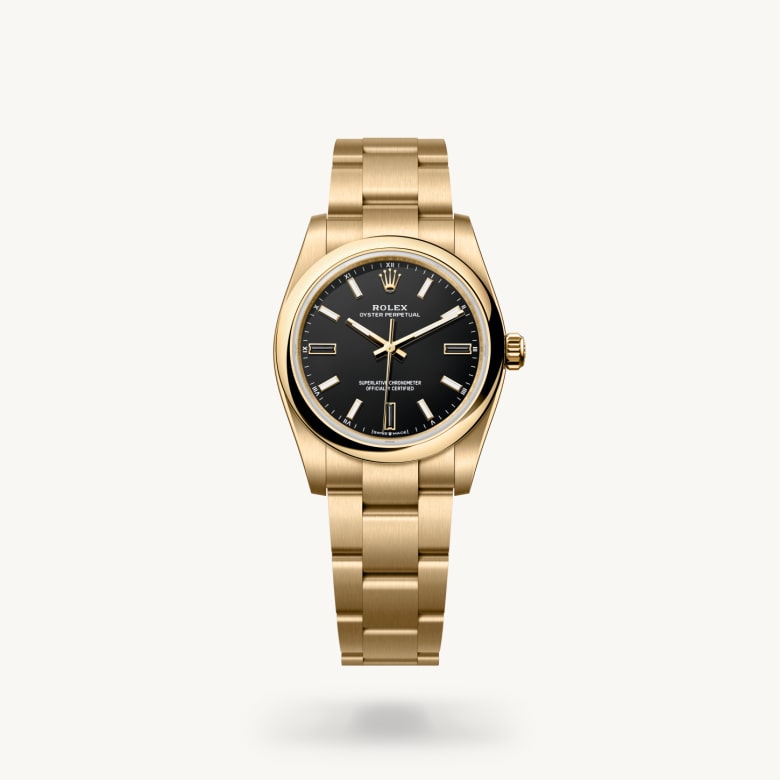 Rolex Oyster Perpetual 34 [M124208-0001] in 18 ct yellow gold with a black dial, domed bezel, and 18 ct yellow gold bracelet - Kirk Freeport