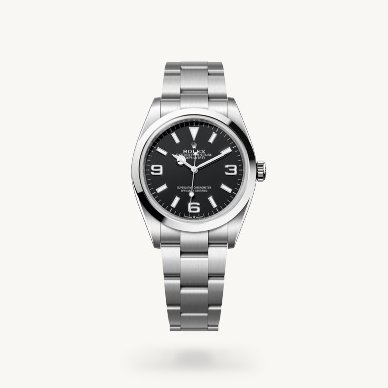Rolex Explorer 36 [M124270-0001] in oystersteel with a black dial, smooth bezel, and oystersteel bracelet - Kirk Freeport