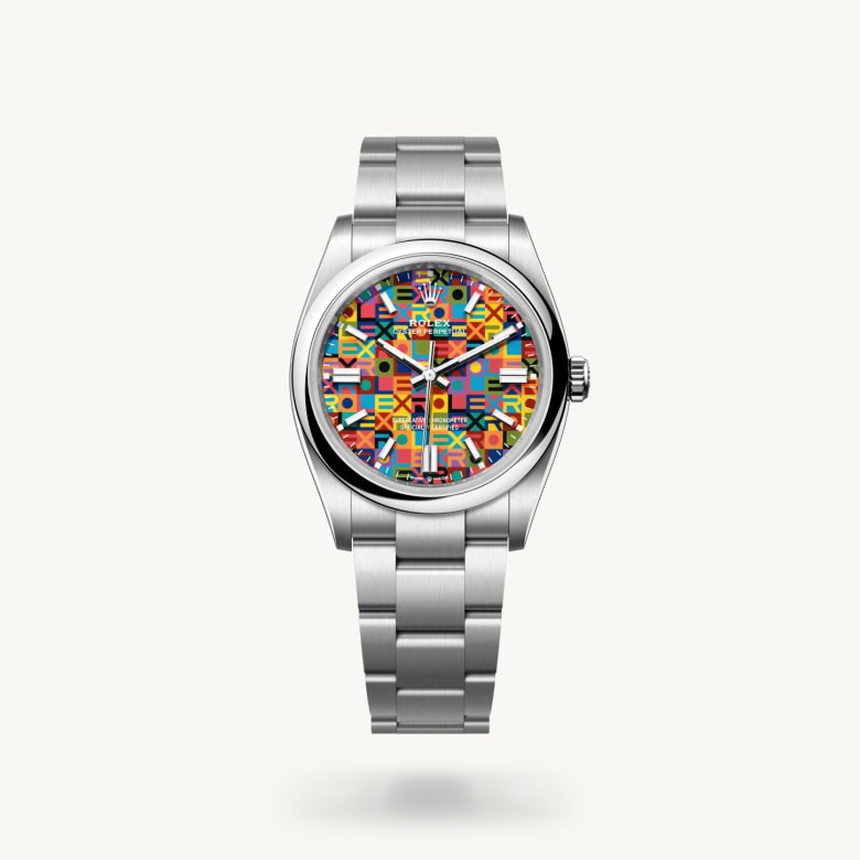 Rolex Oyster Perpetual 36 [M126000-0016] in oystersteel with a multicoloured, jubilee motif dial, domed bezel, and oystersteel bracelet - Kirk Freeport