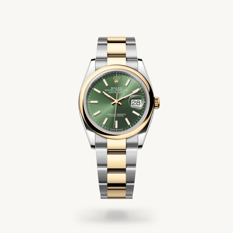 Rolex Datejust 36 [M126203-0058] in yellow rolesor - combination of oystersteel and yellow gold with a olive green dial, domed bezel, and yellow rolesor - combination of oystersteel and yellow gold bracelet - Kirk Freeport