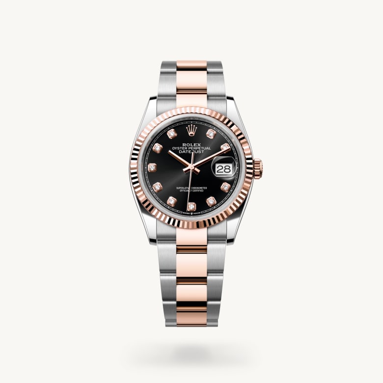 Rolex Datejust 36 [M126231-0020] in everose rolesor - combination of oystersteel and everose gold with a bright black set with diamonds dial, fluted bezel, and everose rolesor - combination of oystersteel and everose gold bracelet - Kirk Freeport