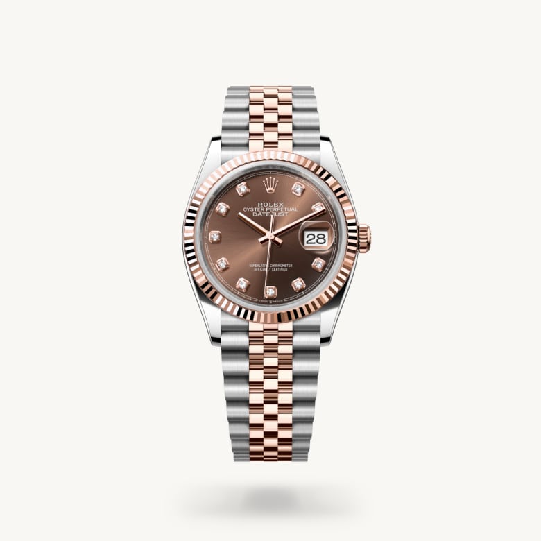 Rolex Datejust 36 [M126231-0053] in everose rolesor - combination of oystersteel and everose gold with a chocolate set with diamonds dial, fluted bezel, and everose rolesor - combination of oystersteel and everose gold bracelet - Kirk Freeport