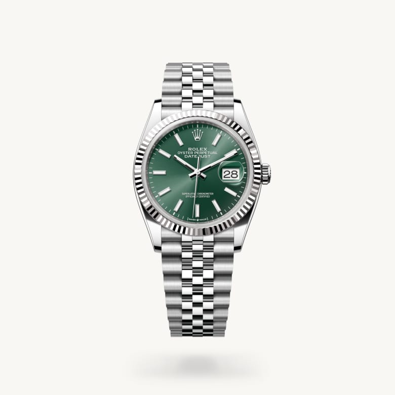 Rolex Datejust 36 [M126234-0051] in white rolesor - combination of oystersteel and white gold with a mint green dial, fluted bezel, and oystersteel bracelet - Kirk Freeport