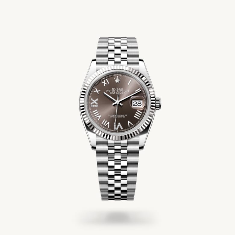 Rolex Datejust 36 [M126234-0071] in white rolesor - combination of oystersteel and white gold with a dark grey set with diamonds dial, fluted bezel, and oystersteel bracelet - Kirk Freeport