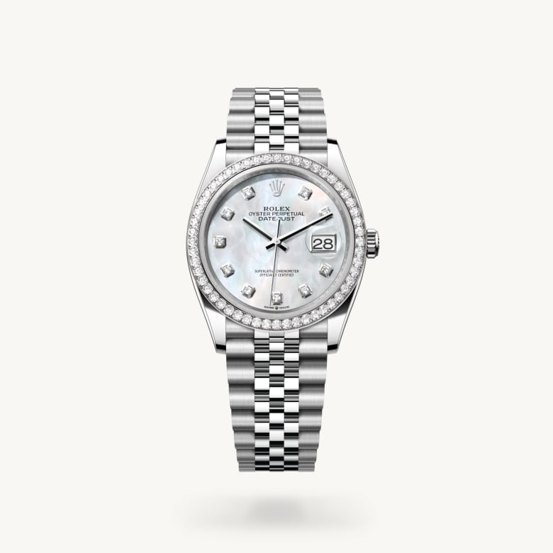 Rolex Datejust 36 [M126284RBR-0011] in white rolesor - combination of oystersteel and white gold with a white mother-of-pearl set with diamonds dial, diamond-set bezel, and oystersteel bracelet - Kirk Freeport