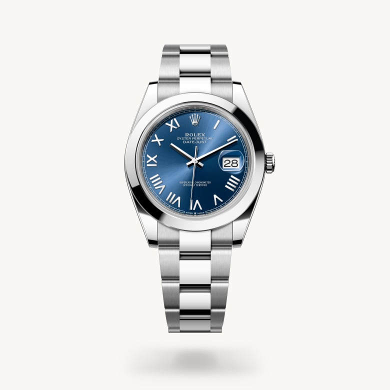 Rolex Datejust 41 [M126300-0029] in oystersteel with a bright blue dial, smooth bezel, and oystersteel bracelet - Kirk Freeport