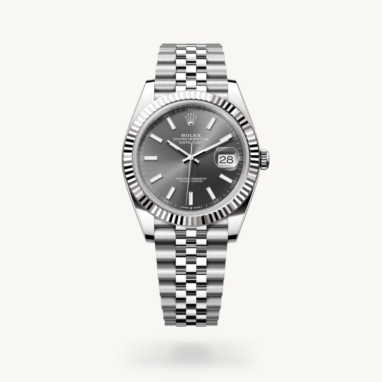 Rolex Datejust 41 [M126334-0014] in white rolesor - combination of oystersteel and white gold with a slate dial, fluted bezel, and oystersteel bracelet - Kirk Freeport