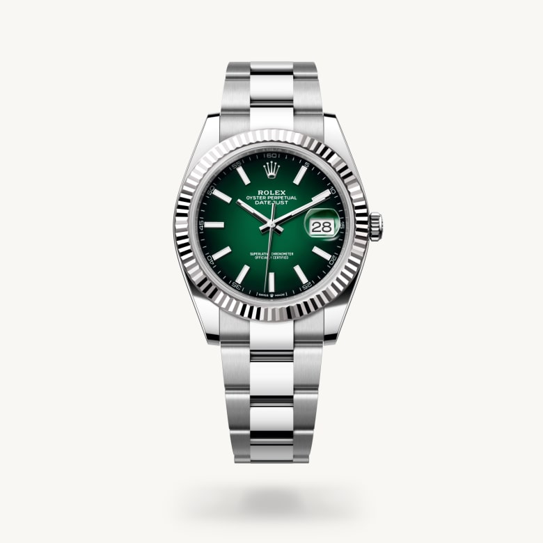 Rolex Datejust 41 [M126334-0033] in white rolesor - combination of oystersteel and white gold with a green ombré dial, fluted bezel, and oystersteel bracelet - Kirk Freeport