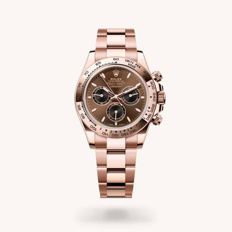 Rolex Cosmograph Daytona [M126505-0005] in 18 ct everose gold with a bright chocolate and black dial, fixed, with engraved tachymetric scale, in 18 ct everose gold bezel, and 18 ct everose gold bracelet - Kirk Freeport