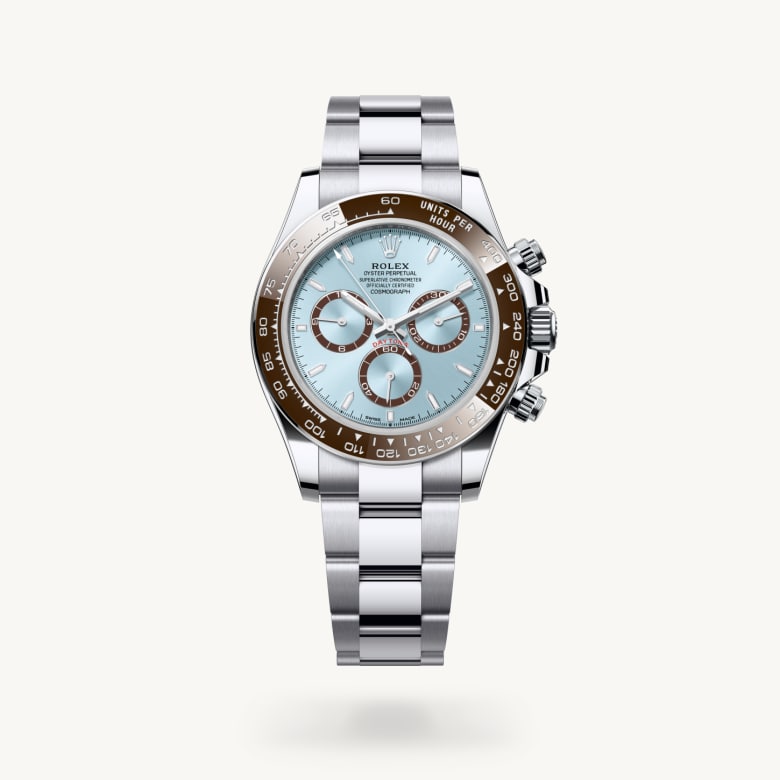 Rolex Cosmograph Daytona [M126506-0001] in platinum with a ice blue, chestnut brown counter rings dial, chestnut brown monobloc cerachrom bezel in ceramic with moulded numerals and graduations bezel, and platinum bracelet - Kirk Freeport
