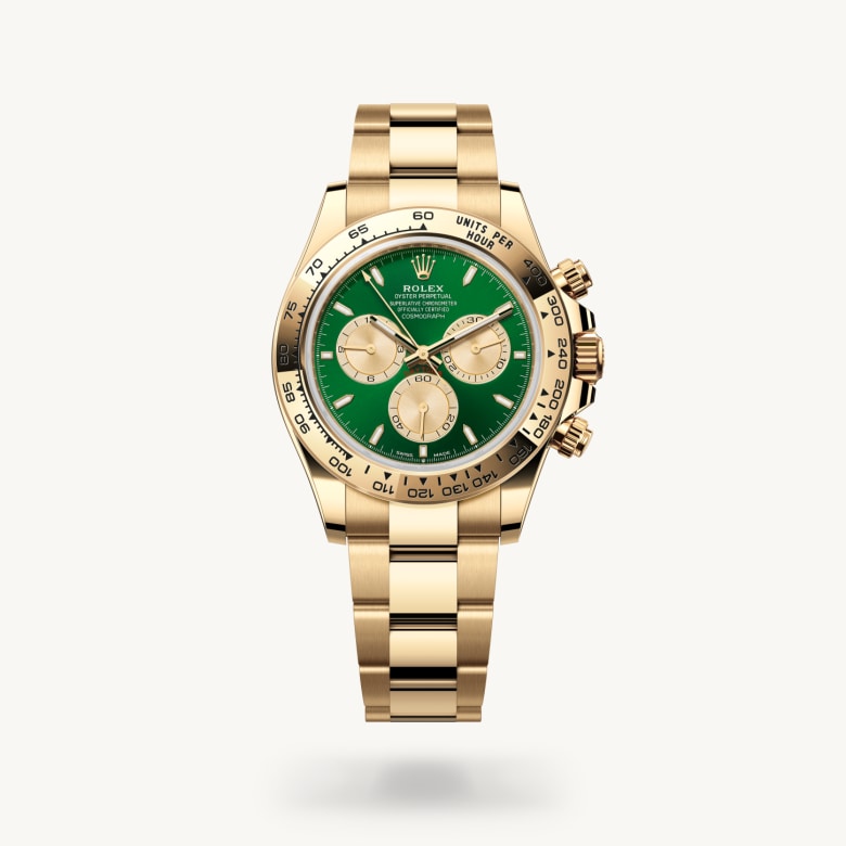 Rolex Cosmograph Daytona [M126508-0008] in 18 ct yellow gold with a bright green and golden dial, fixed, with engraved tachymetric scale, in 18 ct yellow gold bezel, and 18 ct yellow gold bracelet - Kirk Freeport