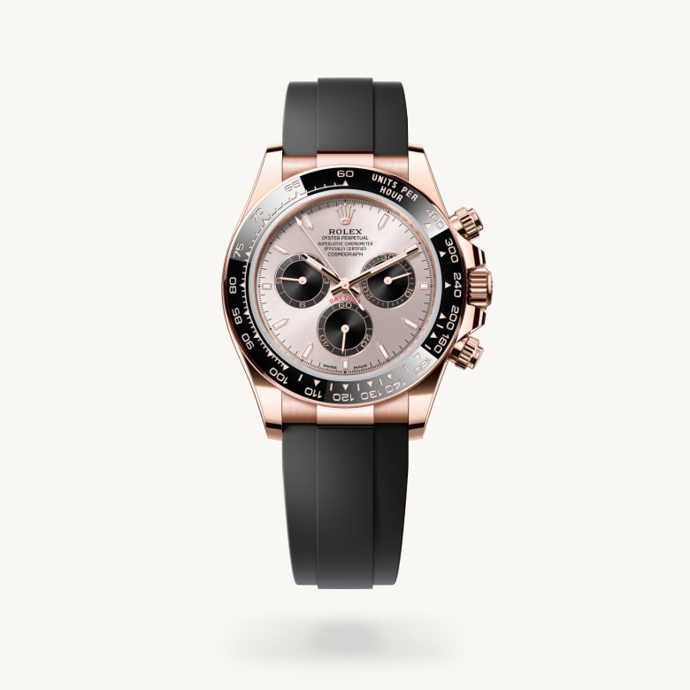 Rolex Cosmograph Daytona [M126515LN-0006] in 18 ct everose gold with a sundust and bright black dial, black monobloc cerachrom bezel in ceramic with moulded tachymetric scale bezel, and flexible metal blades overmoulded with high-performance elastomer bracelet - Kirk Freeport