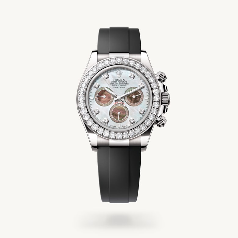 Rolex Cosmograph Daytona [M126589RBR-0001] in 18 ct white gold with a white and black mother-of-pearl set with diamonds dial, set with diamonds bezel, and flexible metal blades overmoulded with high-performance elastomer bracelet - Kirk Freeport